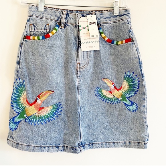 Anthropologie Farm Rio Embroidered Denim Mini Skirt - Picture 8 of 11
